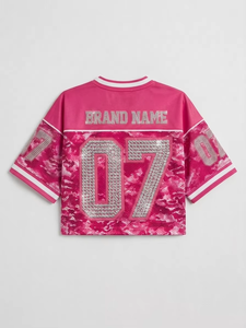 เสื้อเจอร์ซีย์อเมริกันฟุตบอลดีไซน์ลายพรางสีชมพูสดหรูหรา ประดับด้วยคริสตัล งานสั่งทำพิเศษ ODM ทรงไหล่ตก เสื้อครอปพรางตัวพรีเมียม - Product Image 5