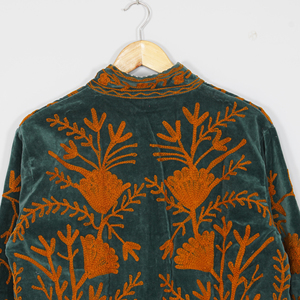 Women Velvet Embroidered <b>Jacket</b> Mandarin Collar Lantern Sleeve Floral Boho Style Autumn Coat Handmade Suzani <b>Pattern</b> - Product Image 3