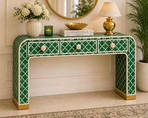 Table console en os incrusté de style bohème avec 3 tiroirs, meuble d'entrée de luxe, meuble d'appoint pour couloir, décoration de salon - Product Image 1