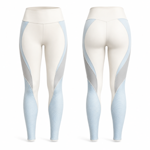 Leggings de yoga taille haute à découpes, longueur intégrale, color block bleu clair et gris, avec surpiqûres contrastées, en spandex extensible quadridirectionnel - Product Image 1