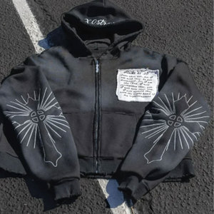 Sweat à capuche vintage noir de haute qualité, coupe oversize et courte, épaules tombantes, fermeture éclair, en molleton 100% coton brossé doux, impression DTG, coupe carrée et épaisse - Product Image 4
