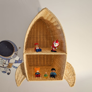 Wooden <b>wall</b> rack bohemian style floating <b>display</b> shelf eco-friendly rattan book <b>case</b> shelves - Product Image 3