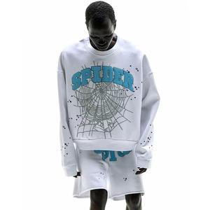 Conjunto de Sudadera con Capucha y Pantalones Cortos Estilo Streetwear con Diseño de Telaraña, Bajo sin Rematar y Estampado Puff Personalizado - Product Image 1