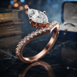 Rose Gold Marquise Cut Diamond Engagement <b>Ring</b> Women's Romantic Style Wedding Band with Side Diamonds - Product Image 1