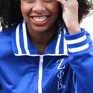 Zeta Phi Beta <b>Track</b> <b>Jacket</b> Women Royal Blue Zip Up Athletic Top Striped Trim Casual Sorority Greek Apparel Stylish <b>Jacket</b> - Product Image 4