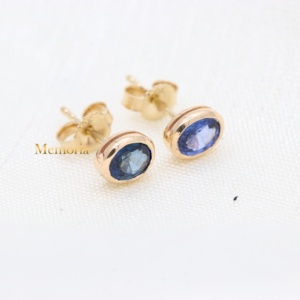 Wholesale 14k Yellow Gold Natural Oval <b>Blue</b> <b>Sapphire</b> Bezel Stud <b>Earrings</b> Memoria Jewels - Product Image 5