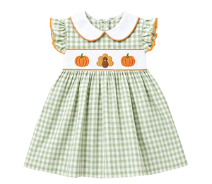 Smocked Thanksgiving Turkey Pumpkin Girls <b>Dress</b> <b>Green</b> <b>Gingham</b> - Product Image 6