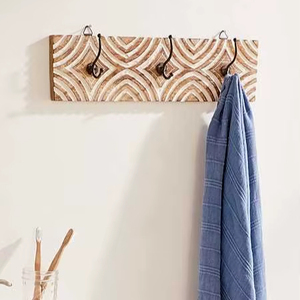 Wholesale Price Decorative Mango Wood Wall <b>Hook</b> Rack Printed Pattern Bathroom Kitchen <b>Towel</b> Holder Vintage Style Organizer - Product Image 1