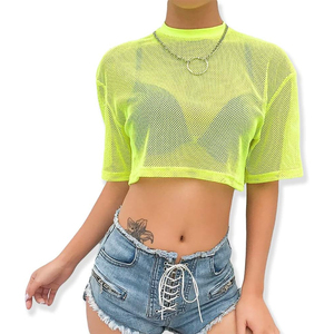 Nueva Camiseta de Malla para Mujer, Cuello Alto, Jersey Regular, Transparente, con Logotipo y Talla Personalizados, Manga Corta, Verano, Casual, Lisa, Teñida - Product Image 2