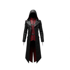 Black & Red Pu Leather <b>Gothic</b> Creed Hooded Coat Leather Steampunk Long Coat For Cosplay High Sell 2026 - Product Image 5