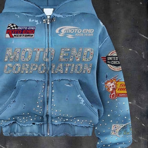 Winter Embroidered Patch Acid Wash Streetwear Custom DTG Printed Rhinestone Zip Mens Heavyweight 100% Organic Cotton <b>Hoodie</b> - Product Image 4
