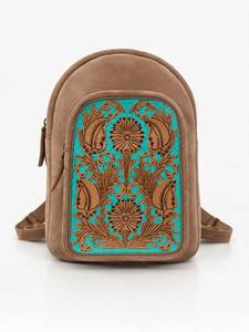 Bohemian Faux Suede <b>Backpack</b> with Turquoise Embossed Floral Panel 13 Inch Unisex Softback Daypack - Product Image 2