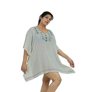 Vestido Kaftán de Verano Casual para Playa, Mini, Blanco, con Bordado, Estilo Bohemio, Ecológico, de Viscosa, Cuello en V, Transpirable, Fabricante - Product Image 1
