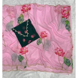 DISEÑADOR DE PERLAS CON ESTAMPADO FLORAL DE ORGANZA CON HAN WORK SAREE CON BLUSA SIN COSTAR BEBÉ ROSA - Product Image 1