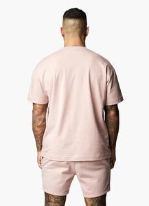 Conjunto de camiseta y pantalones cortos de color rosa claro para hombre, conjunto informal de verano de corte ajustado, conjunto ligero y transpirable de algodón y poliéster - Product Image 3