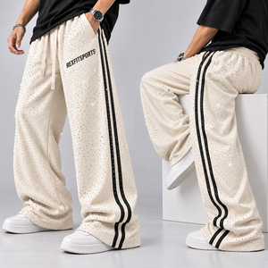 Custom Men Rhinestone Wide Leg Sweatpants Side Stripe <b>Baggy</b> <b>Track</b> <b>Pants</b> Relaxed Fit Streetwear Drawstring Wholesale Supplier - Product Image 5