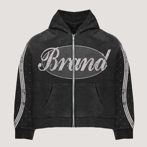 ชุดวอร์มกำมะหยี่สีดำแบบยูนิเซ็กซ์ แต่งโลโก้แบรนด์ด้วยเพชรเทียม สไตล์สตรีทแวร์ เสื้อฮู้ดซิปและกางเกงขายาวทรงจ็อกเกอร์ ชุดวินเทจใหม่ - Product Image 2