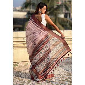 ผ้าไหมชานเดรีสีชมพูแบบอีลิทวีฟส์ พร้อมขอบผ้าลายดอกไม้ปักดิ้นทองแบบจาการ์ด  ชุดอินเดียและปากีสถาน - Product Image 3