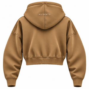 เสื้อฮู้ดดี้ผู้หญิงทรงโอเวอร์ไซส์แบบครอป แขนเสื้อแบบดรอปโชว์เดอร์ สีน้ำตาลคาเมล พรีเมียม ผลิตตามสั่ง ดีไซน์เองได้ ผ้าฝ้ายฟลีซ 100% หนา 460 GSM เหมาะสำหรับฤดูหนาว - Product Image 2