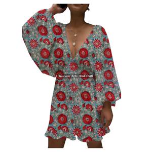 Vestido casual de algodón con estampado a mano, cuello en V profundo y tirantes sexys, talla regular, estilo linternas, para mujer, ¡el más vendido! - Product Image 6