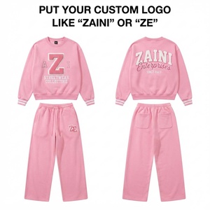 Conjunto Deportivo de Felpa de Algodón Premium de 320 GSM para Mujer, Sudadera Suave y Cálida, Pantalones Anchos, Logotipo Bordado Personalizado, Estilo Urbano Rosa - Product Image 1