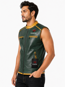 Gilet en cuir pour homme de qualité supérieure avec surpiqûres soignées, doublure intérieure lisse, poches pratiques et style classique pour la moto, les activités de plein air et les voyages. - Product Image 3