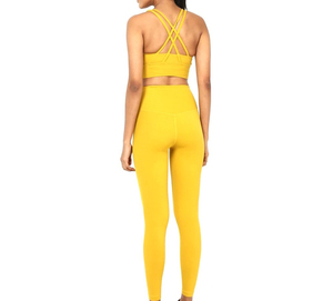 Ensemble de yoga jaune sans coutures, haut court dos nageur et leggings longs taille haute, deux pièces, couleur unie, tenue de sport - Product Image 5