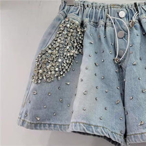 High Waist Denim Shorts With Rhinestone Beading And Sequined Pockets Loose Fit Casual Summer Style - Product Image 2