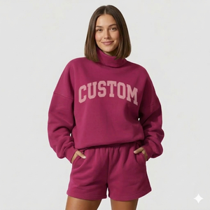 Conjunto de Invierno para Mujer con Cuello Alto y Pantalones Cortos, Tela de Forro Polar Ecológica, Ropa Urbana para Pedidos al por Mayor - Product Image 1