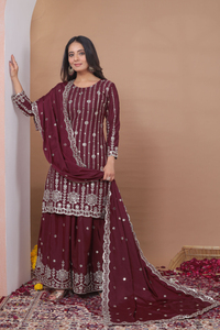 Glamorous <b>Sequin</b> Embroidery Crepe <b>Flared</b> Plazo Set With Dupatta Indian Festive Wear Three Piece Salwar Suit For Women - Product Image 2