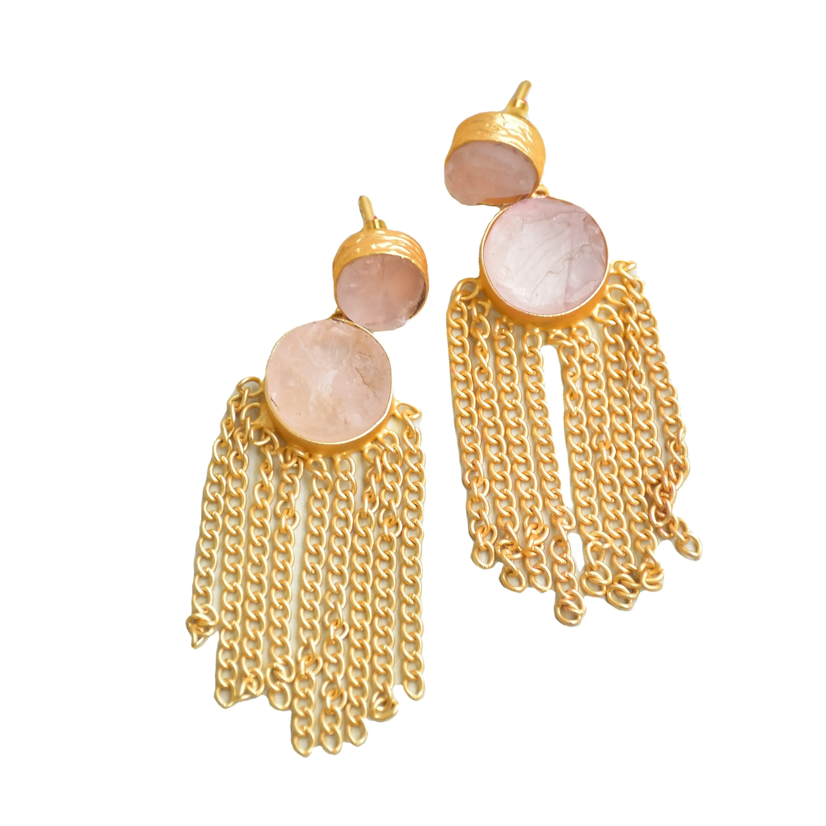 Fornitore all'ingrosso di gioielli in pietra semipreziosa venditore di gioielli in pietra preziosa naturale per donna orecchino in oro con goccia di quarzo rosa 2023
