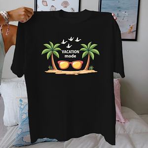 Modo de vacaciones Palma tema tropical Camiseta de algodón puro Mujer ajuste cómodo - Product Image 4