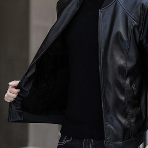 ODM Men's Black Genuine Leather Coated Stand Collar Breathable <b>Sherpa</b> <b>Lined</b> Streetwear Vintage Varsity Jacket Stylish for Winter - Product Image 4