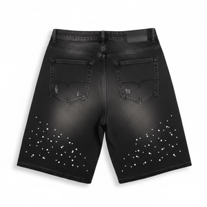 Men's Summer Casual Denim Shorts Solid Color Washed Rhinestone <b>Embellishment</b> Custom Logo Loose Fit Elastic Waist Latest Design - Product Image 2