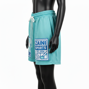 Shorts en maille polyester de haute qualité pour femmes, couleur aqua, avec grand panneau en maille et logo personnalisé par sublimation. - Product Image 3