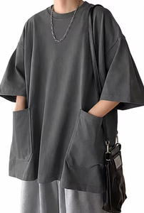 เสื้อยืดแขนสั้นผู้ชาย ผ้าฝ้าย 100% ทรงหลวม ดีไซน์เรียบง่าย มีกระเป๋าคู่ ไหล่หลวม สไตล์ลำลอง - Product Image 3