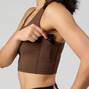 Top Deportivo Corto con Bolsillo y Espalda Cruzada para Yoga, Estilo Racerback, Liso, Largo, para Mujer, Fabricantes OEM/ODM - Product Image 3