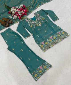 Conjunto de Palazzo de Seda Teal Bordada con Dupatta para Mujer, Estilo Tradicional Holgado Informal de India y Pakistán 86086 MARUTI 33-(MT-4027) - Product Image 3