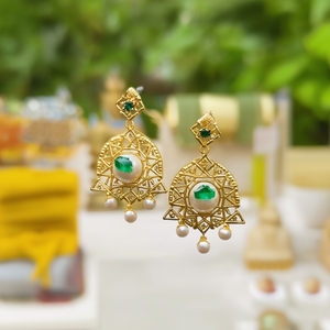 Emerald Cut Pearl Drop Earrings in Yellow Gold-Bohemian Religious Geometric Design - Product Image 3