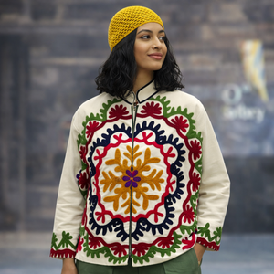 Embroidered Floral Blouson <b>Jacket</b> with <b>Mandarin</b> <b>Collar</b> Pullover Closure Full Sleeve Long Winter Women's Outerwear Cotton Filling - Product Image 1