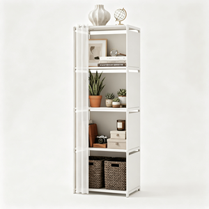 5-Tier Portable Wardrobe Closet with Curtain Silver Metal <b>Shelf</b> <b>Rack</b> White Fabric Panels & PEVA Curtain Freestanding - Product Image 2