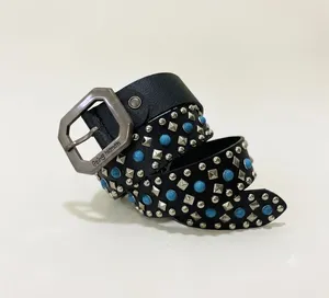 Premium Quality <b>Belt</b> with Turquoise Studs and Alloy Buckle Classic <b>Vintage</b> Style Solid Pattern for Men Casual Wear - Product Image 2