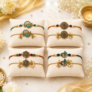 Ensemble Rakhi et Lumba de créateur pour Bhai Bhabhi, bracelet traditionnel Raksha Bandhan avec perles et emballage cadeau festif - Product Image 2