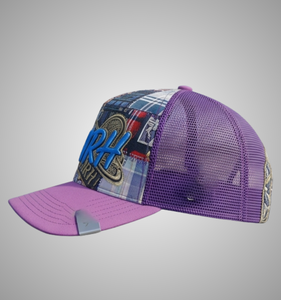 Professional Custom Embroidered Mesh Trucker <b>Hat</b> <b>Purple</b> Plaid Pattern Front Logo Unisex Street Style Adjustable 6-Panel Cap - Product Image 3