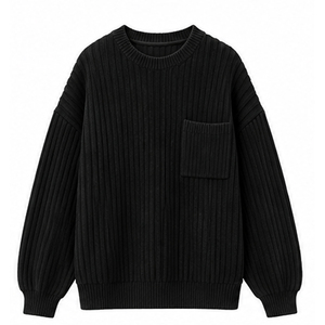 Men's Black Ribbed Knit Sweater Lantern Sleeve Front Pocket Solid Color 100% Acrylic Standard <b>Thickness</b> Knitted Sweaters - Product Image 1
