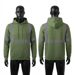 Sweat à capuche de travail en molleton de coton doux de qualité supérieure 330 GSM Vert olive Panneaux à bandes réfléchissantes Broderie de logo personnalisé Motif de dessin animé Homme - Product Image 1