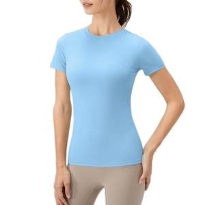 Camiseta de Punto para Mujer, Color Azul Claro, Manga Corta, Cuello Redondo, Corte Ajustado, Informal, Transpirable, para Todas las Temporadas - Product Image 4