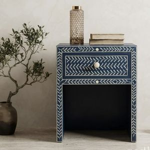 Modern Bone Inlay Nightstand <b>Side</b> <b>Table</b> Cabinet Blue and White Bedside <b>Storage</b> Drawer for Living Room - Product Image 1