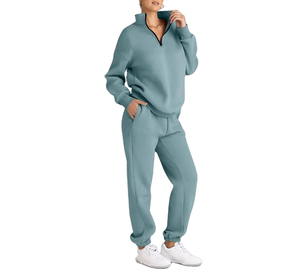 Ensemble sweat à capuche demi-zip et pantalon de jogging en coton tricoté pour femme, couleur unie, coupe classique, séchage rapide, idéal pour l'hiver - Product Image 1