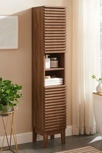 Mid Century Teak Wood <b>Tall</b> <b>Storage</b> Tower with Horizontal Slatted Doors - Product Image 3